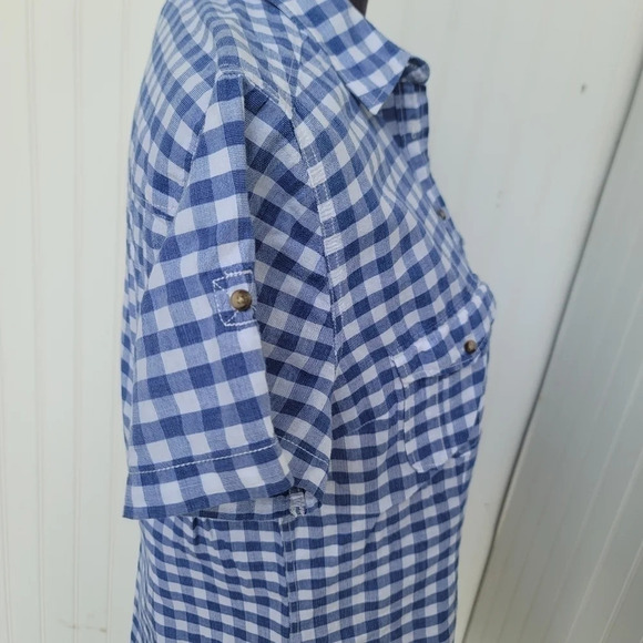 H&M LOGG Shirt Womens Blue White Button Up Plaid Shirt Short Sleeve Cotton Sz 14 - Picture 3 of 11